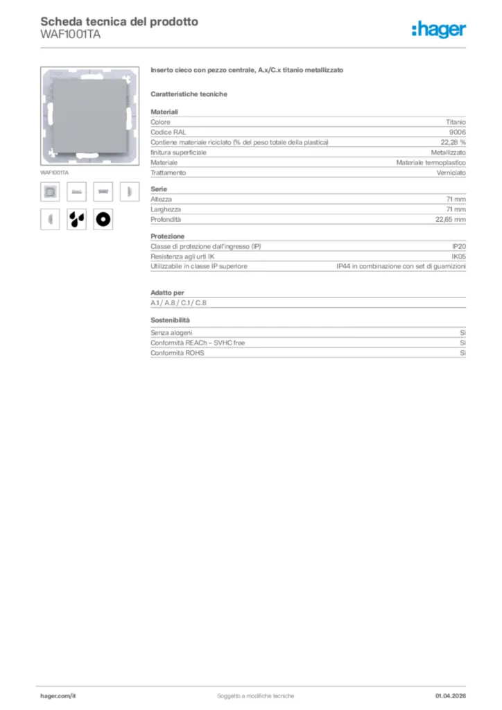 Immagine Hager Scheda tecnica del prodotto WAF1001TA | Hager Italia