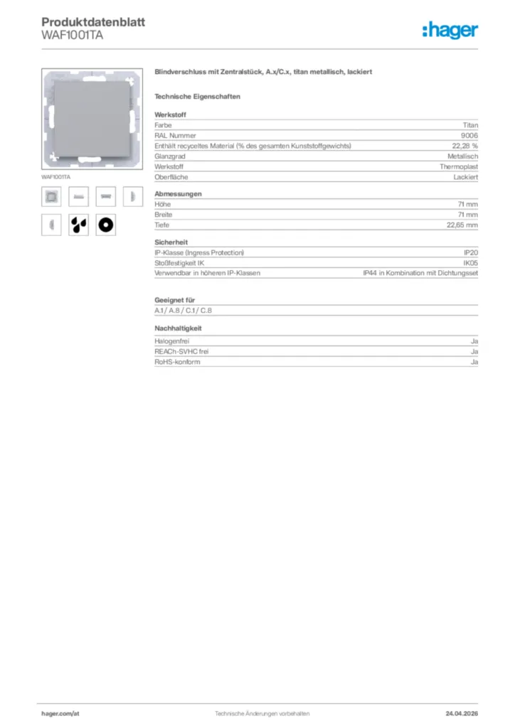 Bild Hager Produktdatenblatt WAF1001TA | Hager Deutschland