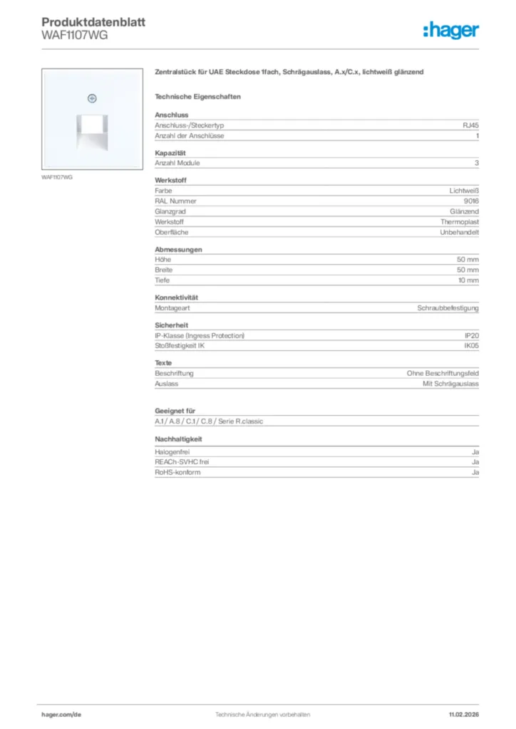 Bild Hager Produktdatenblatt WAF1107WG | Hager Deutschland