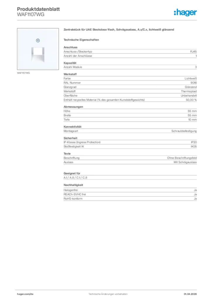 Bild Hager Produktdatenblatt WAF1107WG | Hager Deutschland