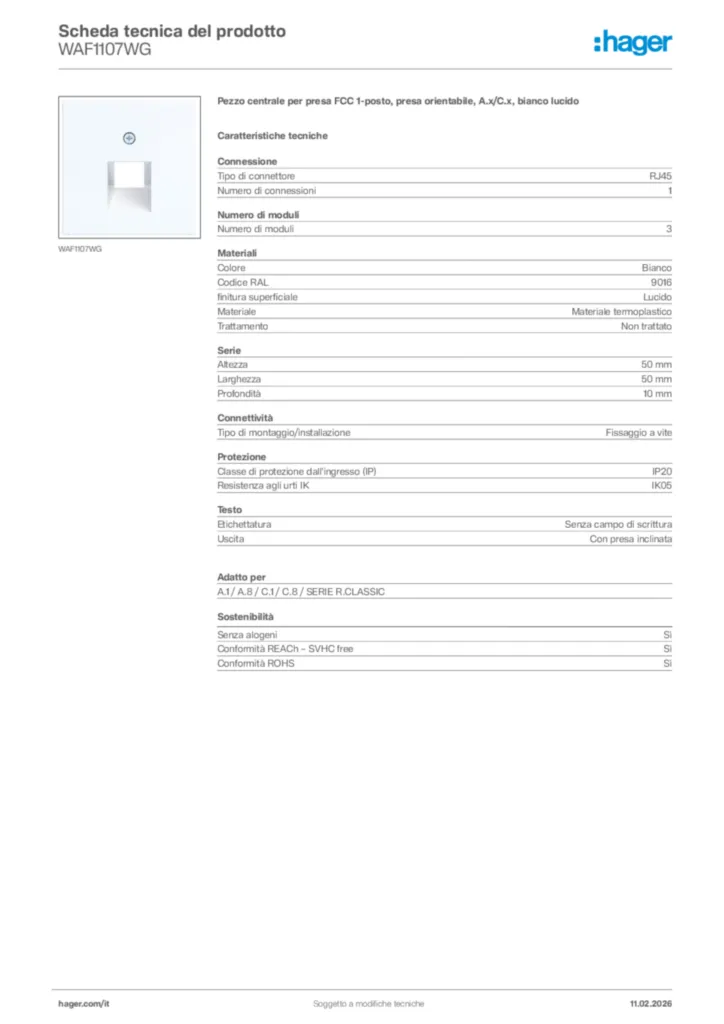 Immagine Hager Scheda tecnica del prodotto WAF1107WG | Hager Italia