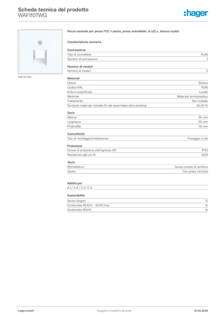 Immagine Hager Scheda tecnica del prodotto WAF1107WG | Hager Italia