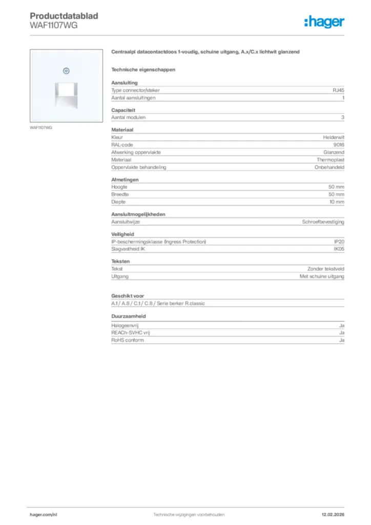 Afbeelding Hager Productdatablad WAF1107WG | Hager Nederland