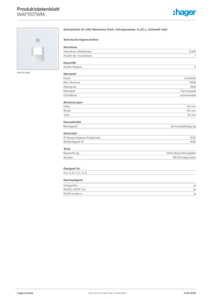 Bild Hager Produktdatenblatt WAF1107WM | Hager Deutschland