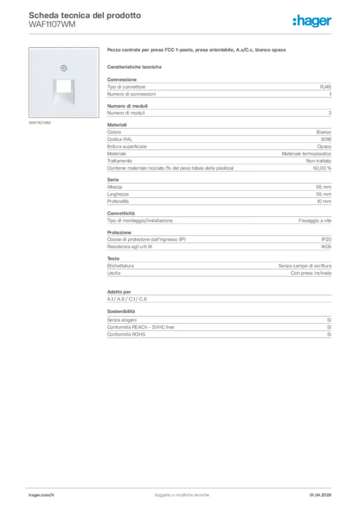 Immagine Hager Scheda tecnica del prodotto WAF1107WM | Hager Italia