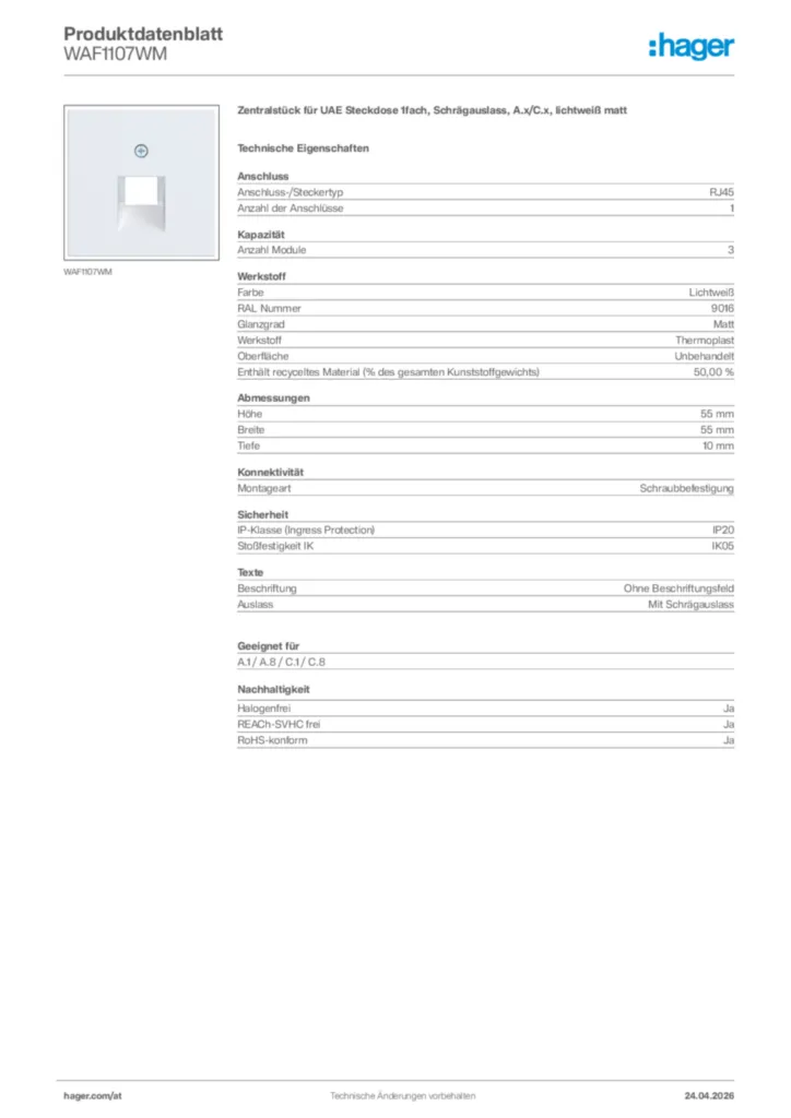 Bild Hager Produktdatenblatt WAF1107WM | Hager Deutschland