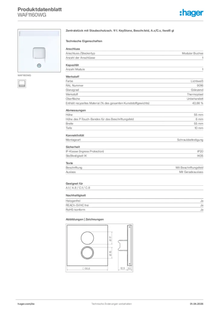Bild Hager Produktdatenblatt WAF1160WG | Hager Deutschland