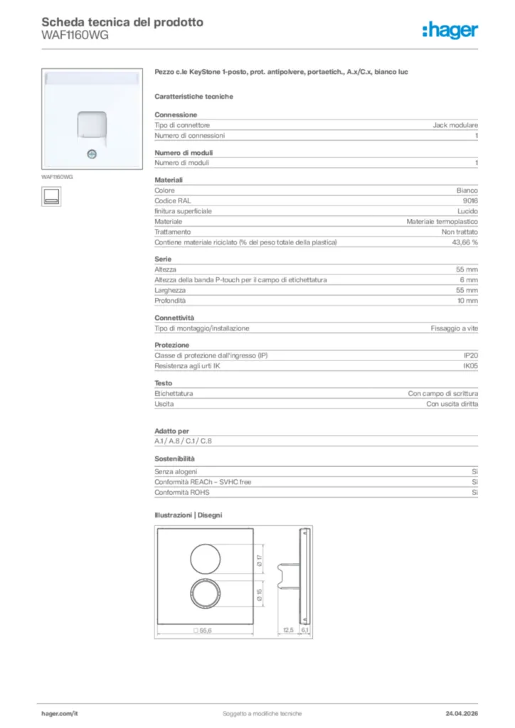 Immagine Hager Scheda tecnica del prodotto WAF1160WG | Hager Italia