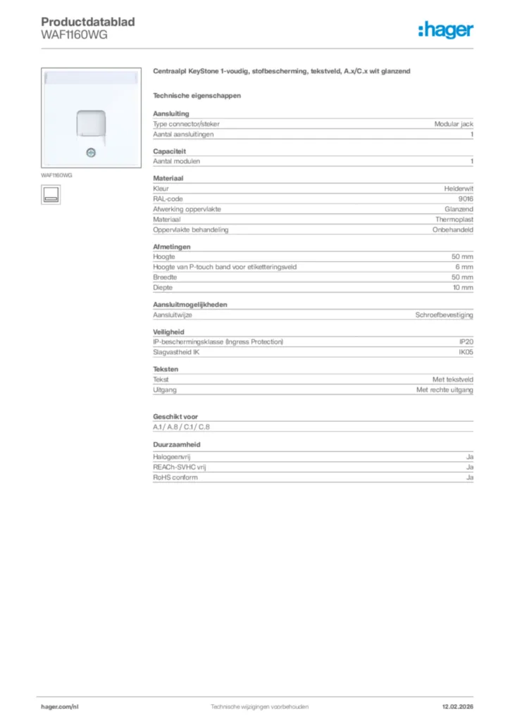 Afbeelding Hager Productdatablad WAF1160WG | Hager Nederland