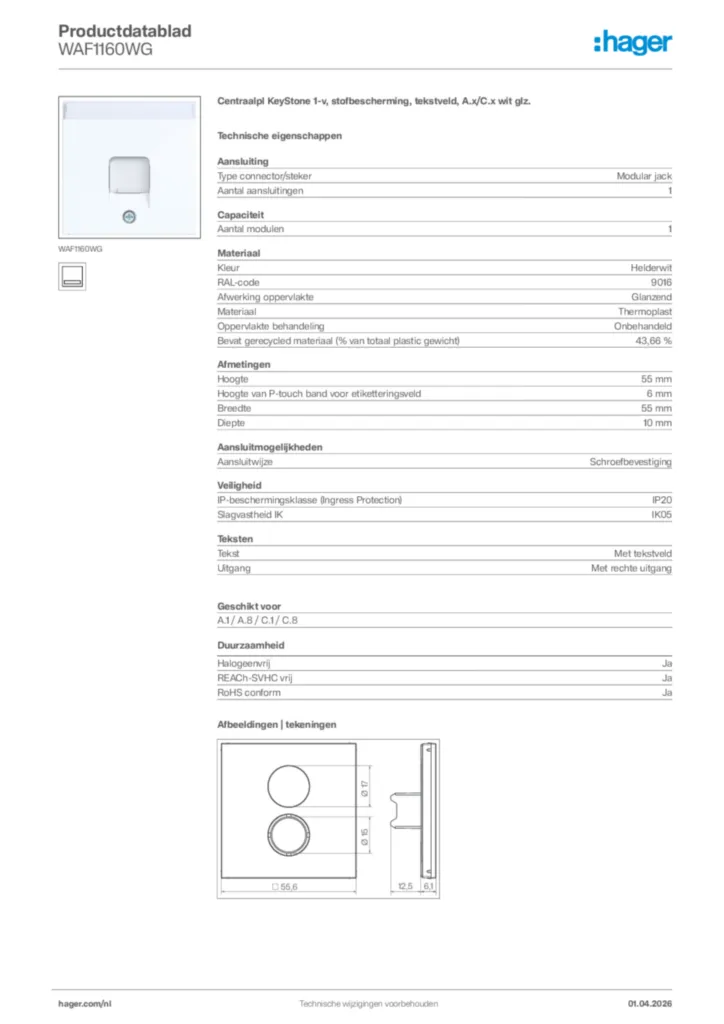Afbeelding Hager Productdatablad WAF1160WG | Hager Nederland