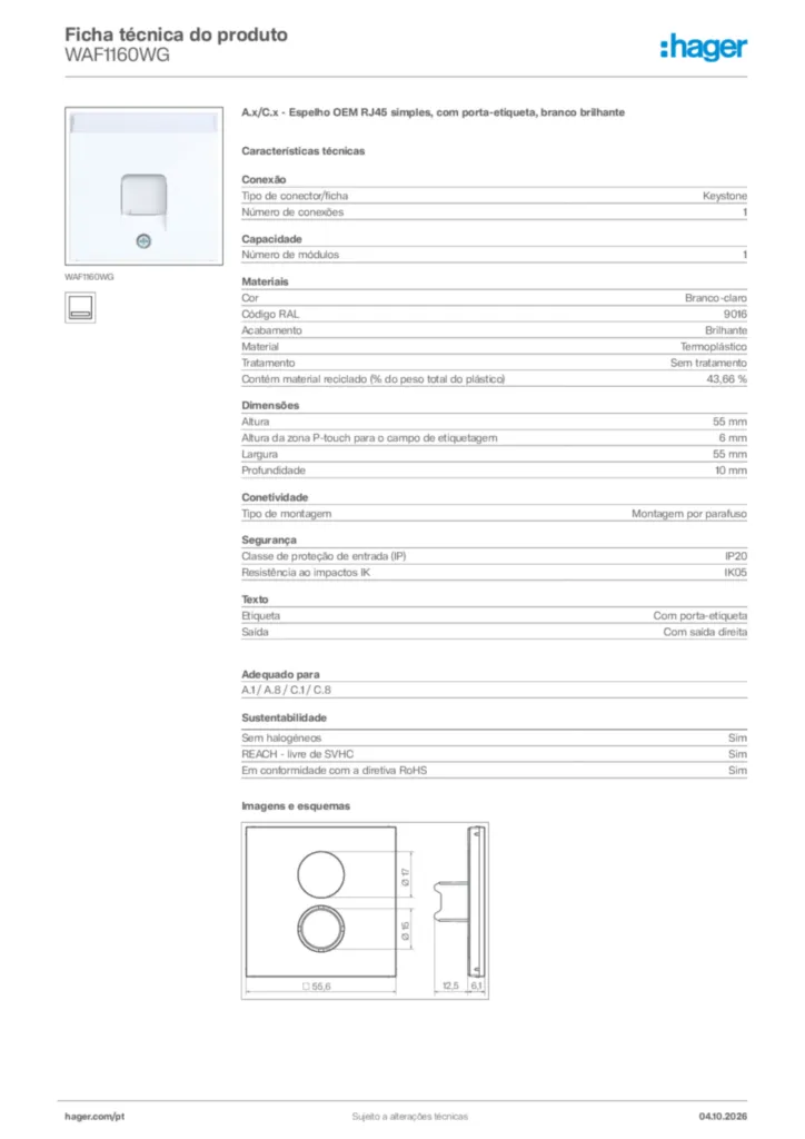 Imagem Hager Ficha técnica do produto WAF1160WG | Hager Portugal
