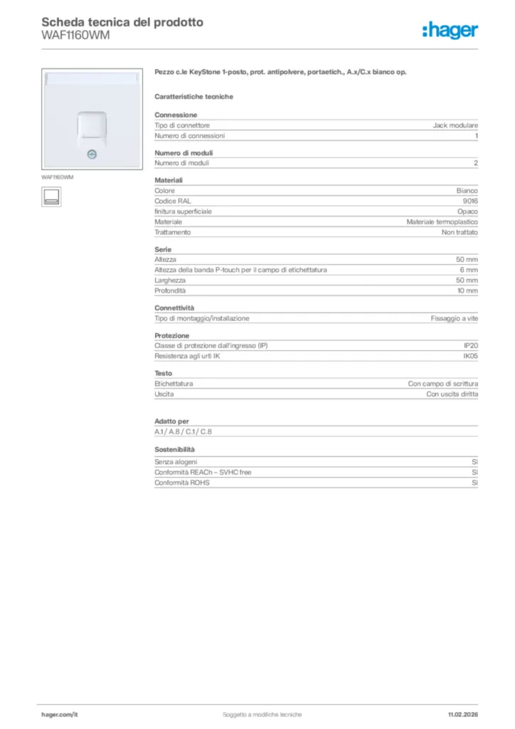 Immagine Hager Scheda tecnica del prodotto WAF1160WM | Hager Italia