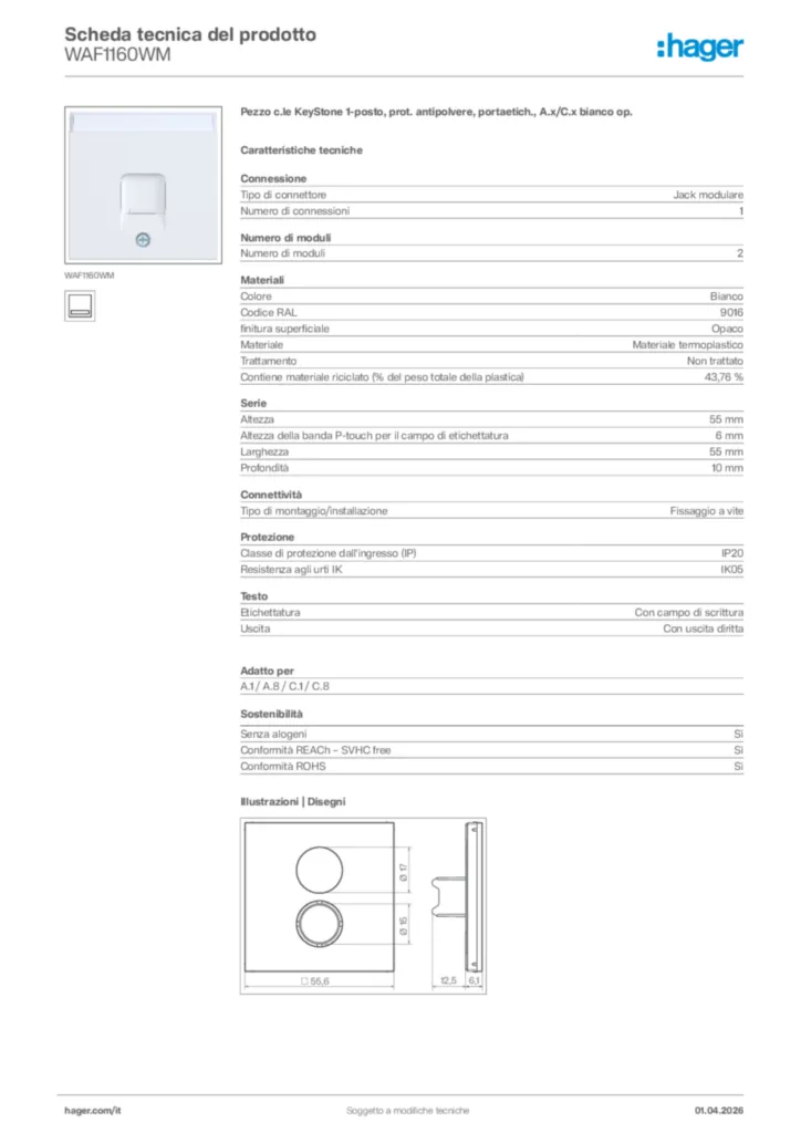 Immagine Hager Scheda tecnica del prodotto WAF1160WM | Hager Italia
