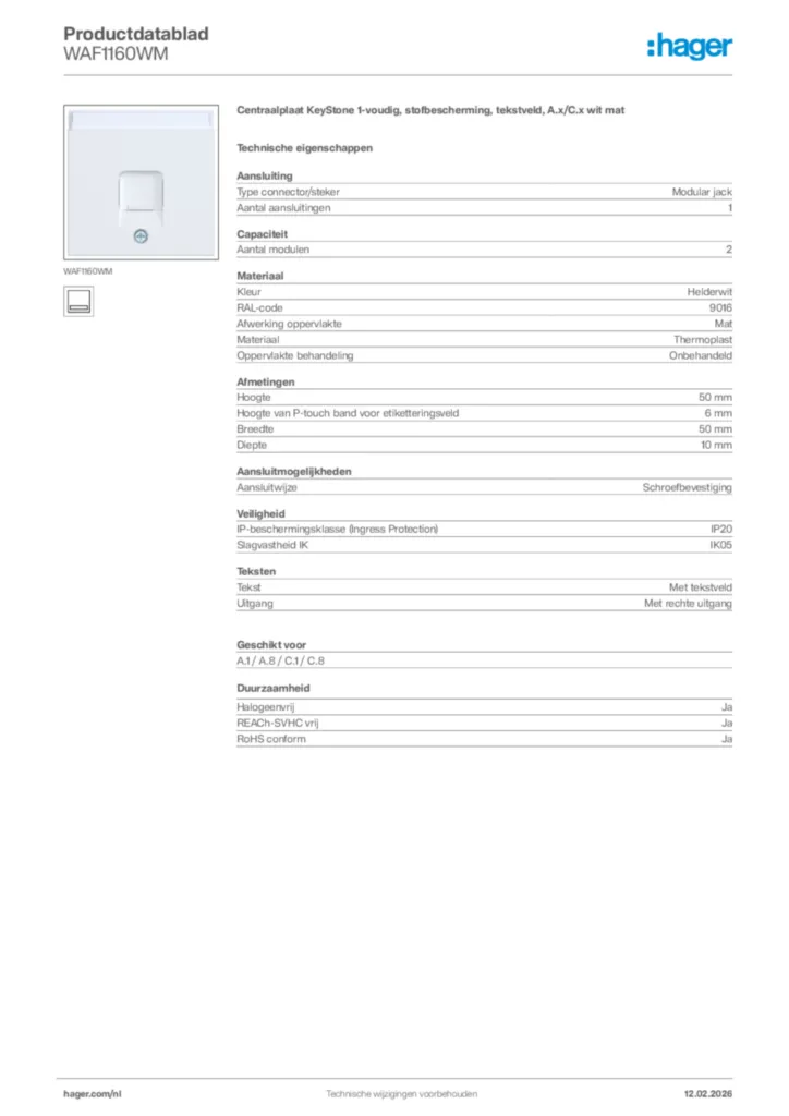 Afbeelding Hager Productdatablad WAF1160WM | Hager Nederland