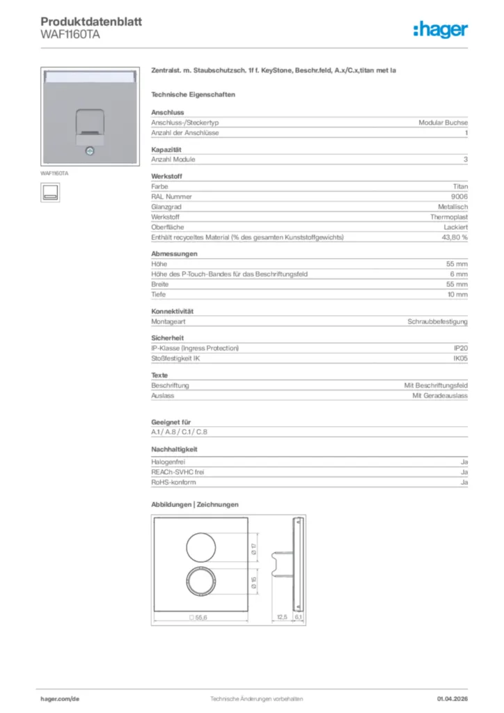 Bild Hager Produktdatenblatt WAF1160TA | Hager Deutschland