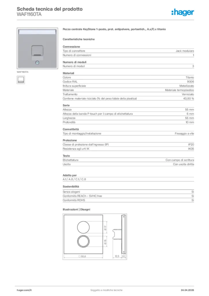 Immagine Hager Scheda tecnica del prodotto WAF1160TA | Hager Italia