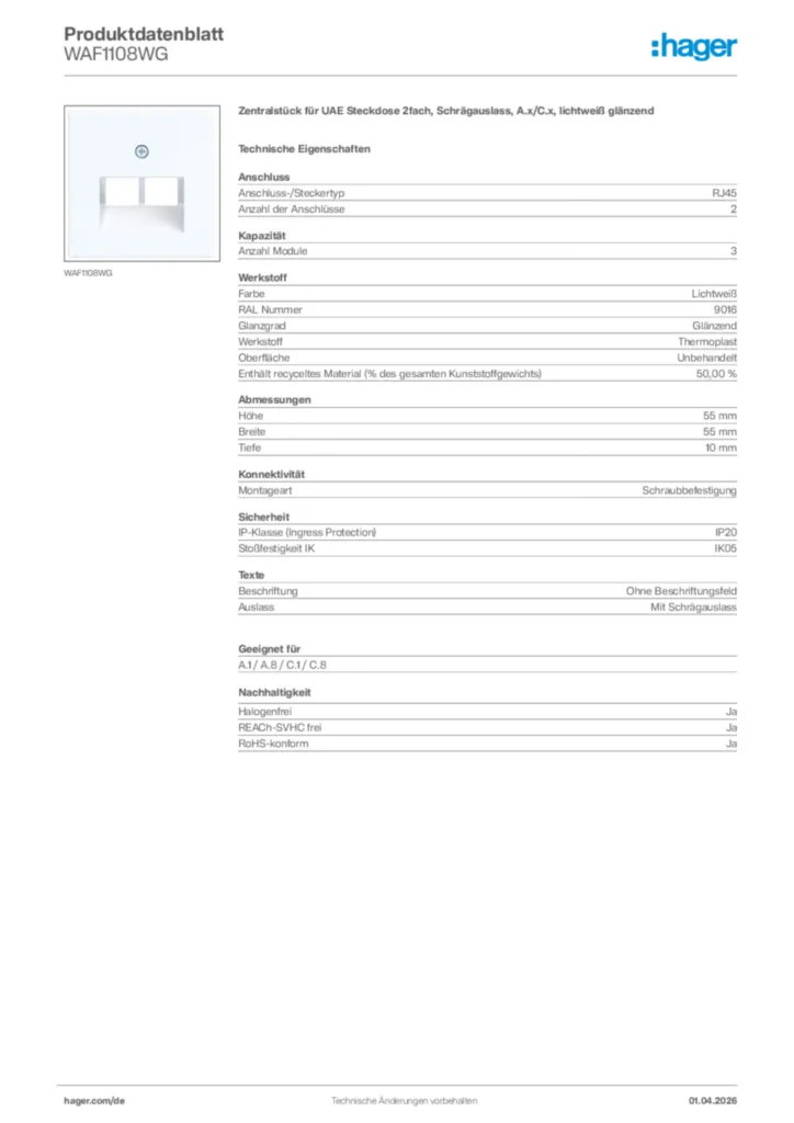 Bild Hager Produktdatenblatt WAF1108WG | Hager Deutschland