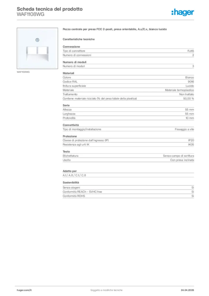 Immagine Hager Scheda tecnica del prodotto WAF1108WG | Hager Italia