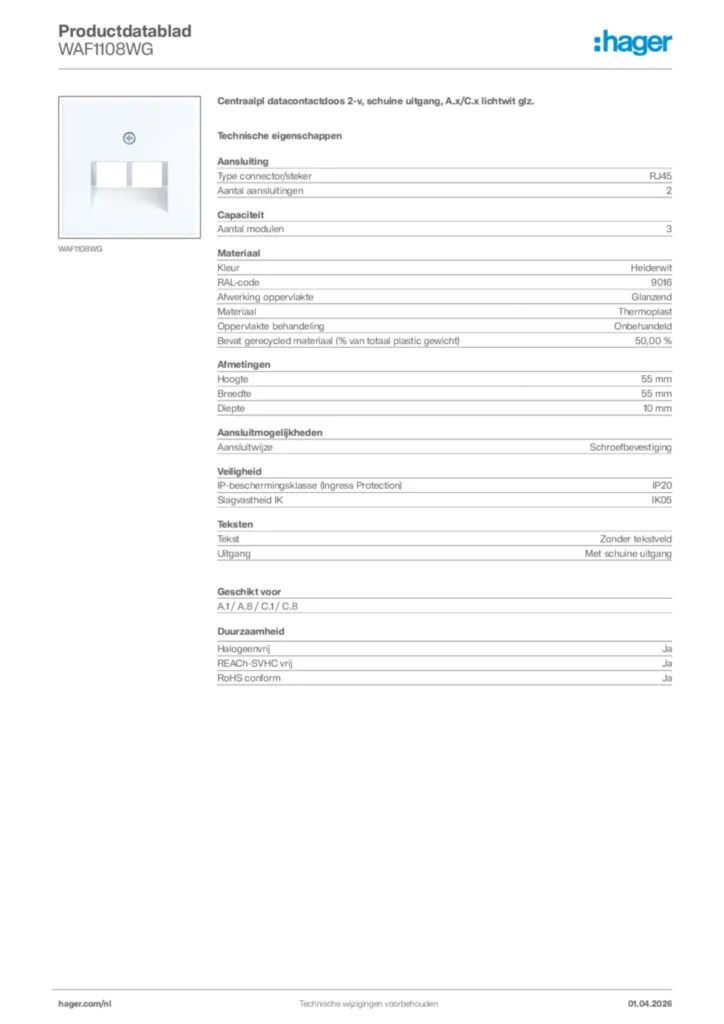 Afbeelding Hager Productdatablad WAF1108WG | Hager Nederland