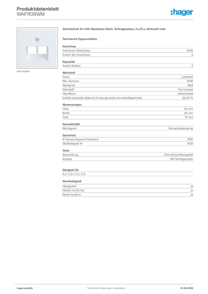 Bild Hager Produktdatenblatt WAF1108WM | Hager Deutschland