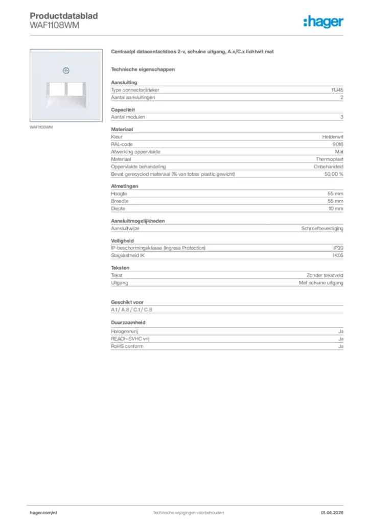 Afbeelding Hager Productdatablad WAF1108WM | Hager Nederland