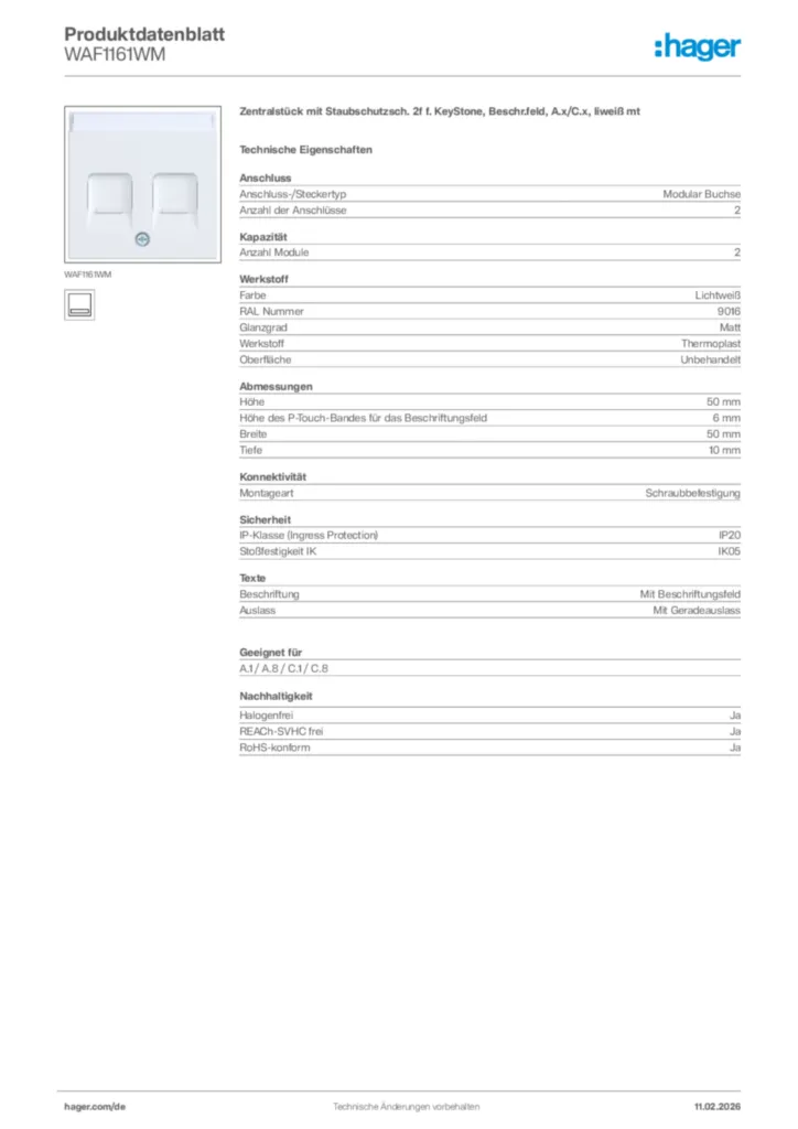 Bild Hager Produktdatenblatt WAF1161WM | Hager Deutschland