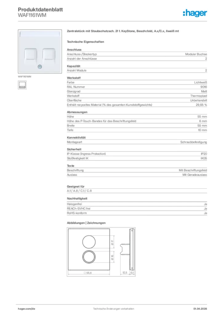Bild Hager Produktdatenblatt WAF1161WM | Hager Deutschland