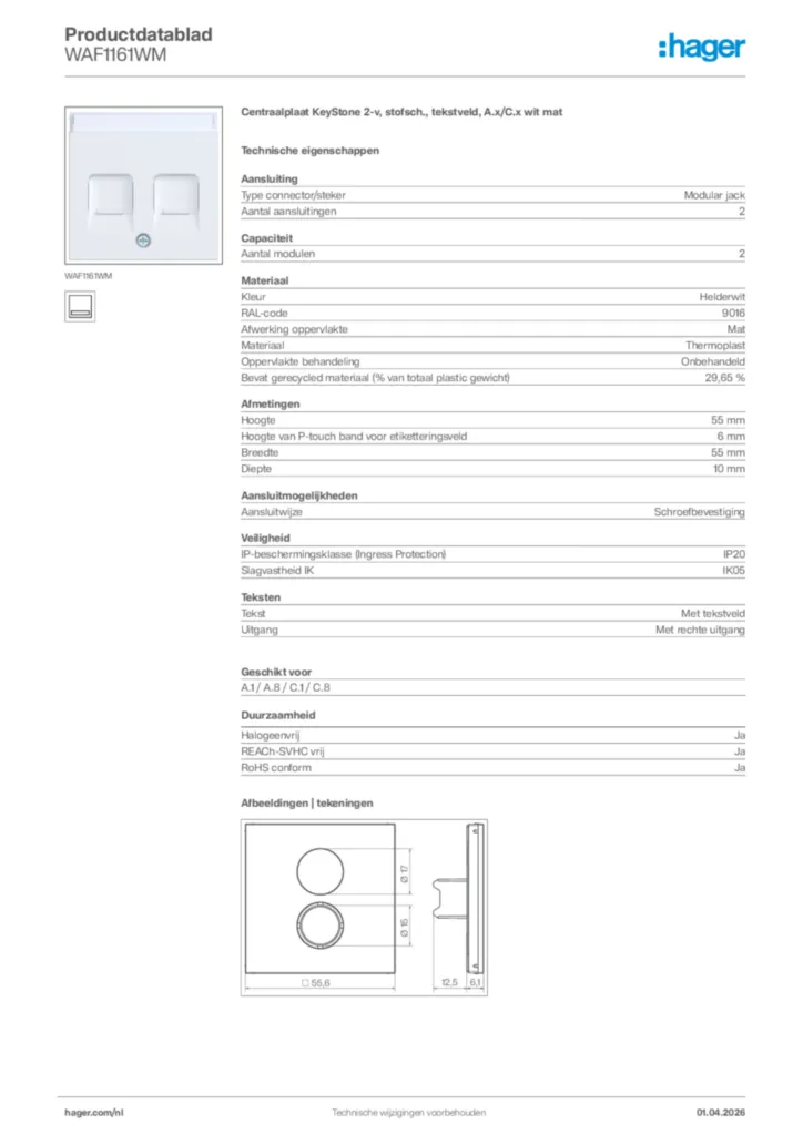 Afbeelding Hager Productdatablad WAF1161WM | Hager Nederland
