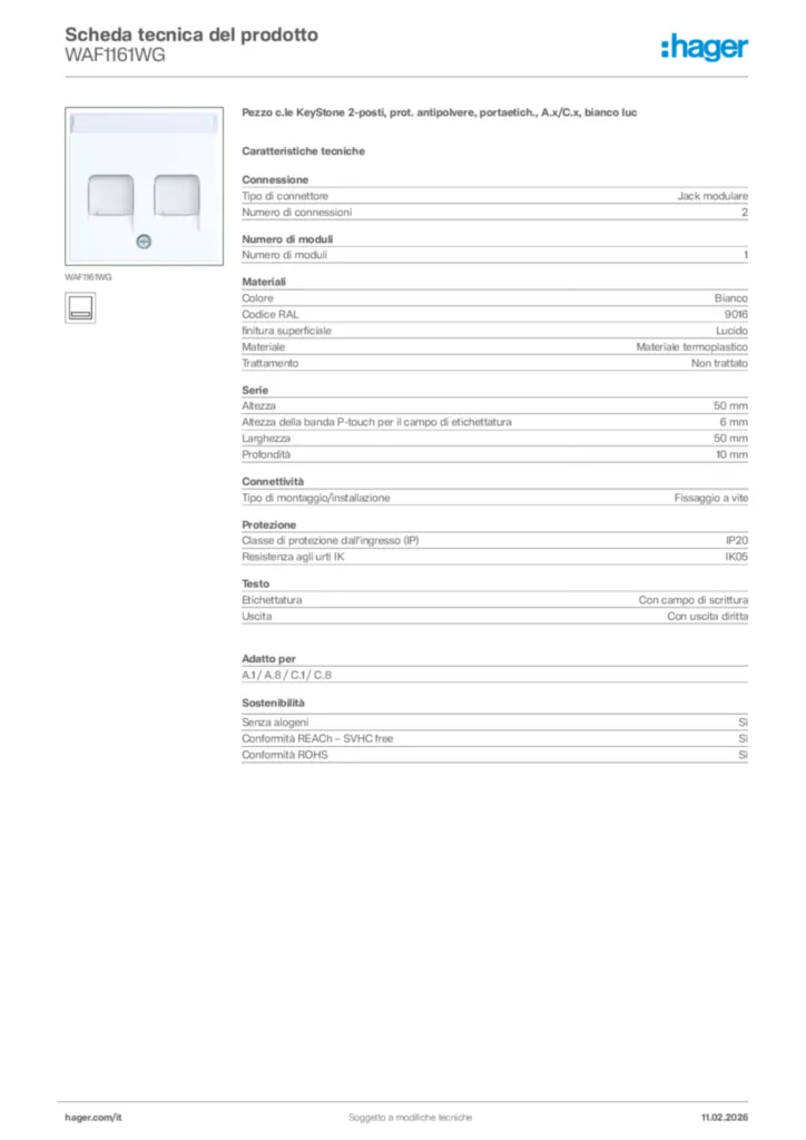 Immagine Hager Scheda tecnica del prodotto WAF1161WG | Hager Italia
