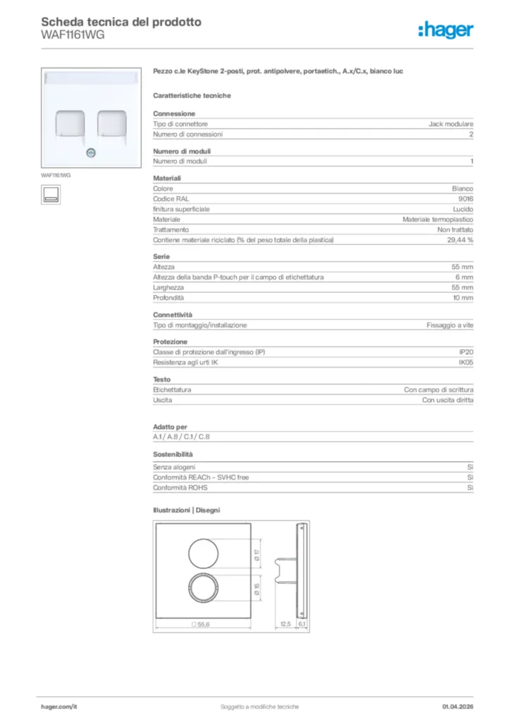 Immagine Hager Scheda tecnica del prodotto WAF1161WG | Hager Italia