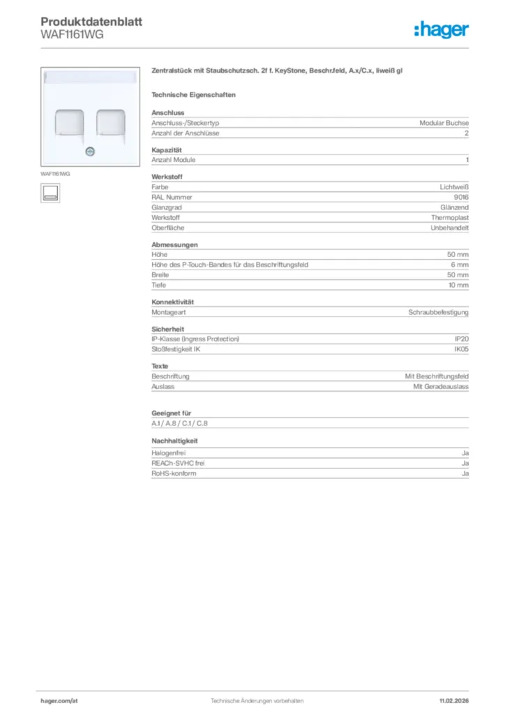 Bild Hager Produktdatenblatt WAF1161WG | Hager Deutschland