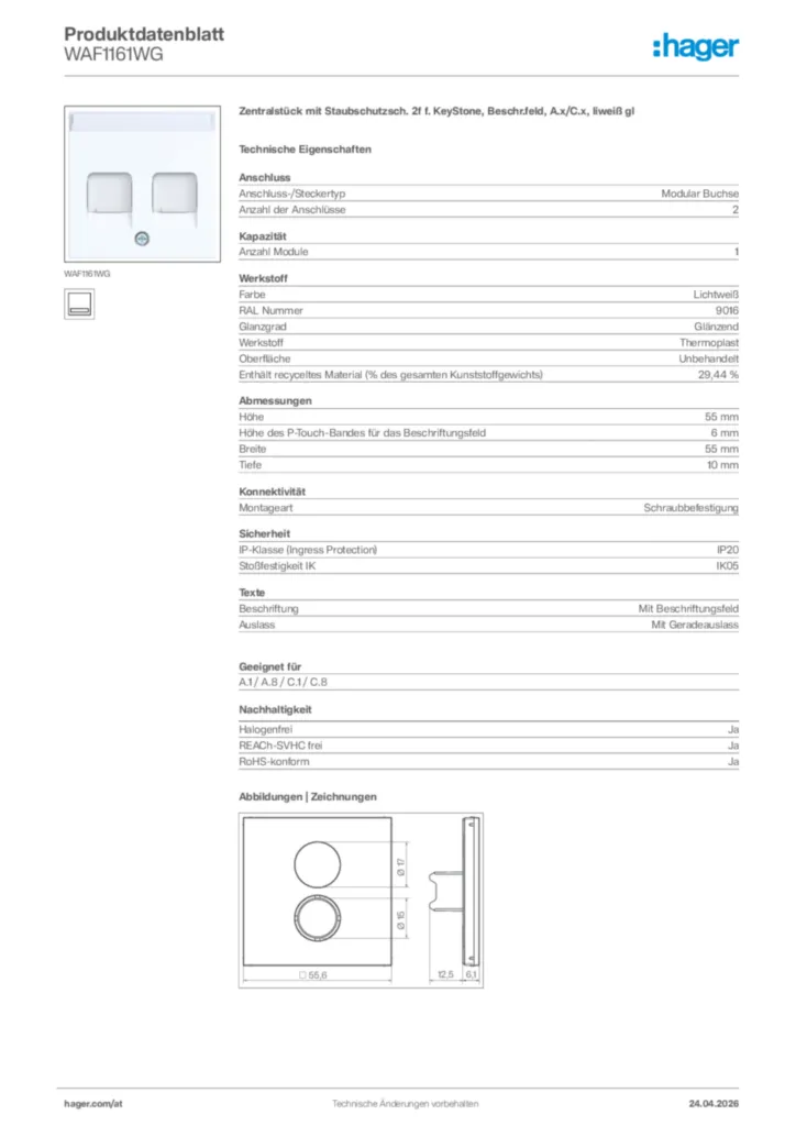 Bild Hager Produktdatenblatt WAF1161WG | Hager Deutschland