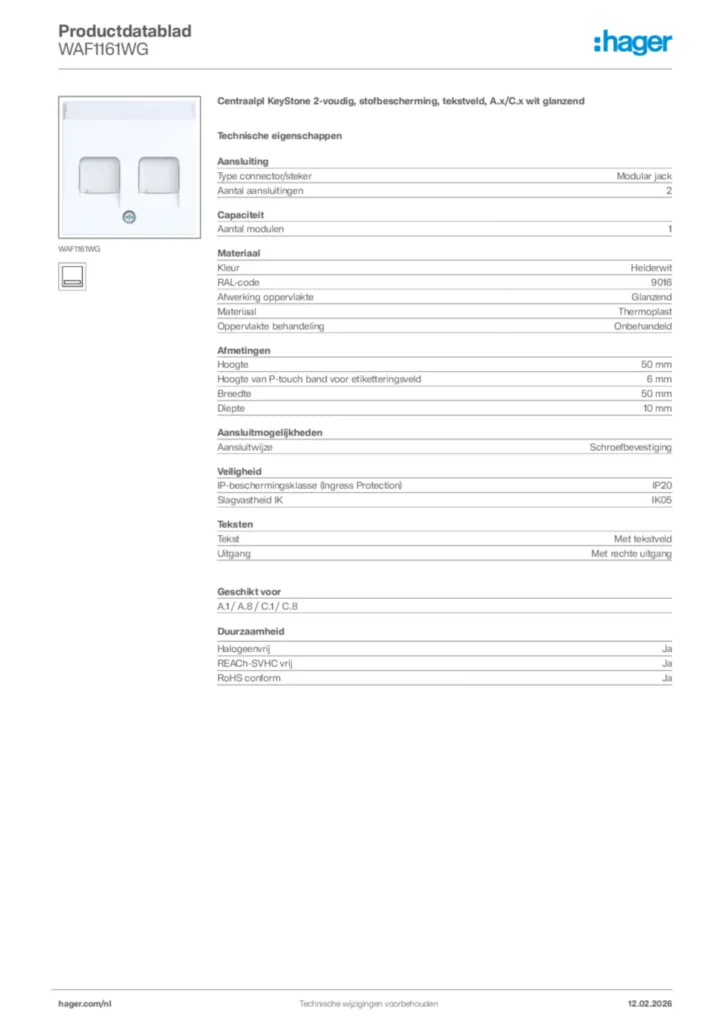Afbeelding Hager Productdatablad WAF1161WG | Hager Nederland