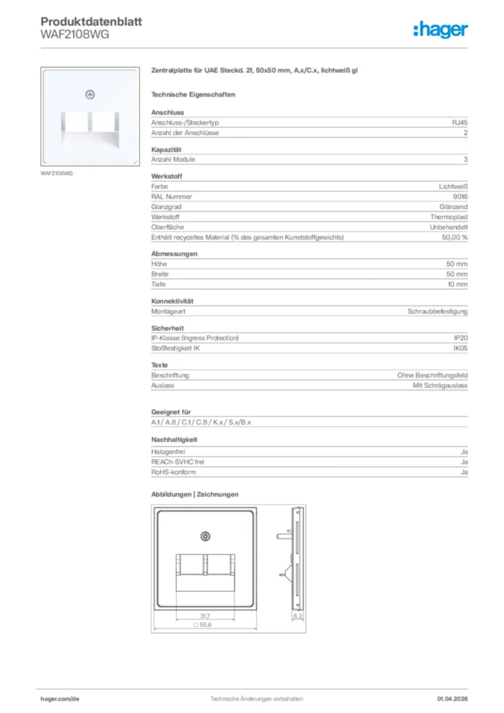 Bild Hager Produktdatenblatt WAF2108WG | Hager Deutschland