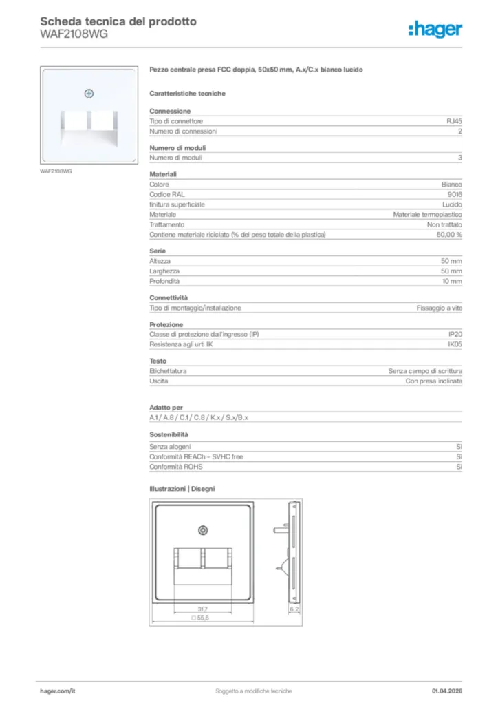 Immagine Hager Scheda tecnica del prodotto WAF2108WG | Hager Italia