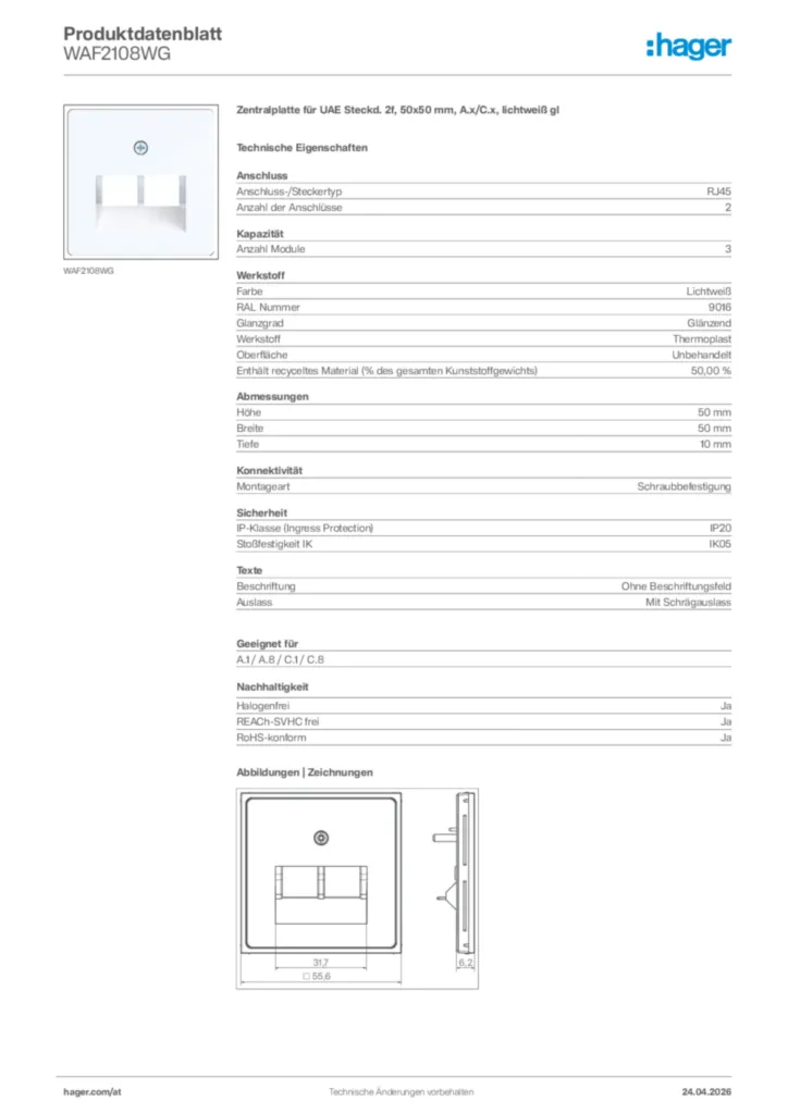 Bild Hager Produktdatenblatt WAF2108WG | Hager Deutschland