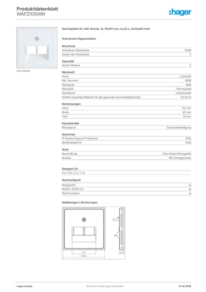 Bild Hager Produktdatenblatt WAF2108WM | Hager Deutschland