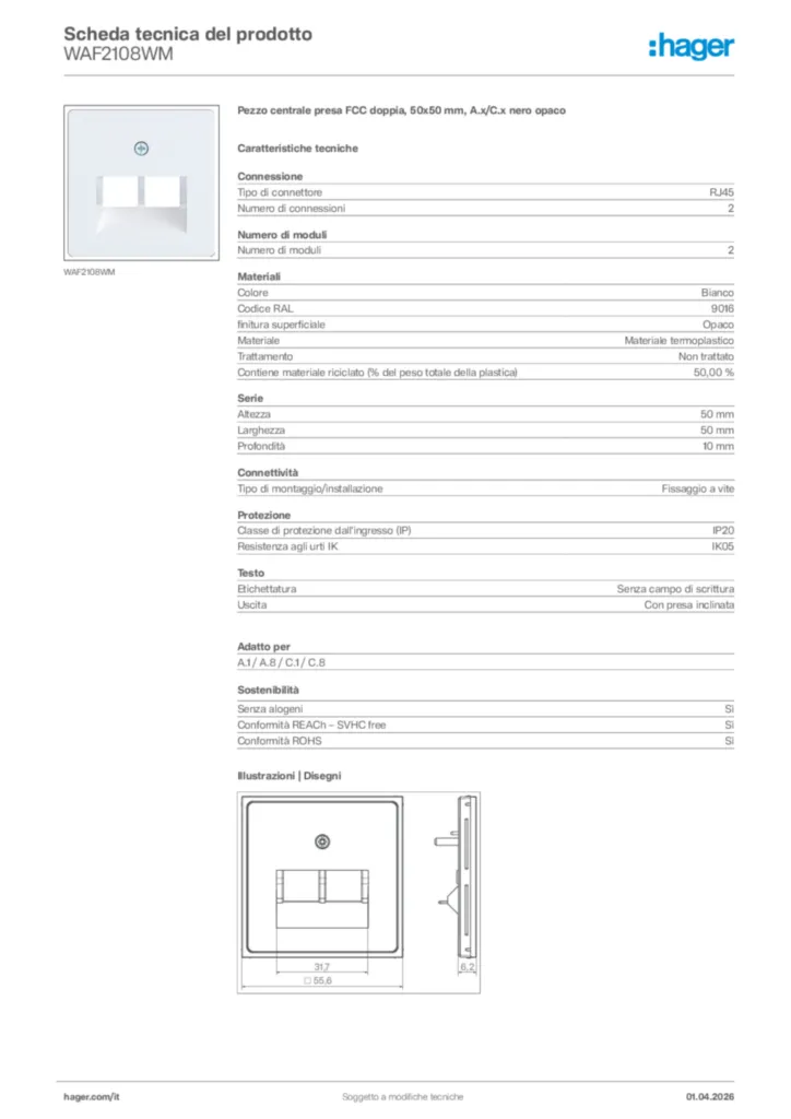 Immagine Hager Scheda tecnica del prodotto WAF2108WM | Hager Italia