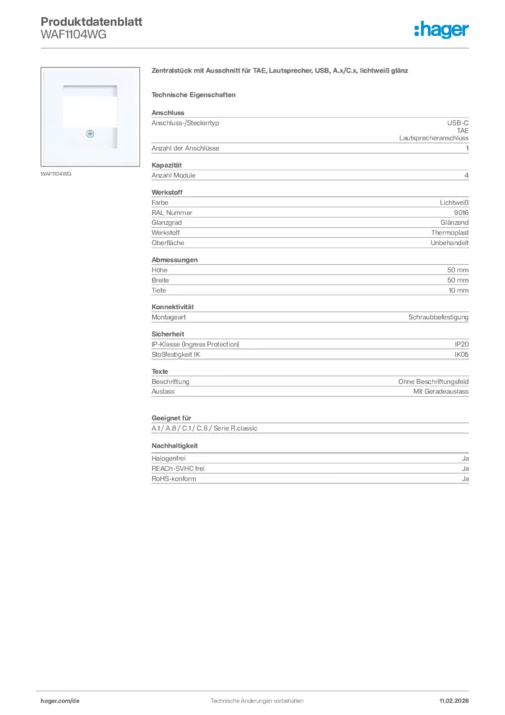 Bild Hager Produktdatenblatt WAF1104WG | Hager Deutschland