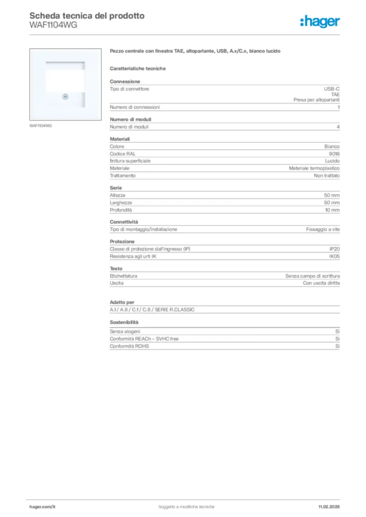 Immagine Hager Scheda tecnica del prodotto WAF1104WG | Hager Italia