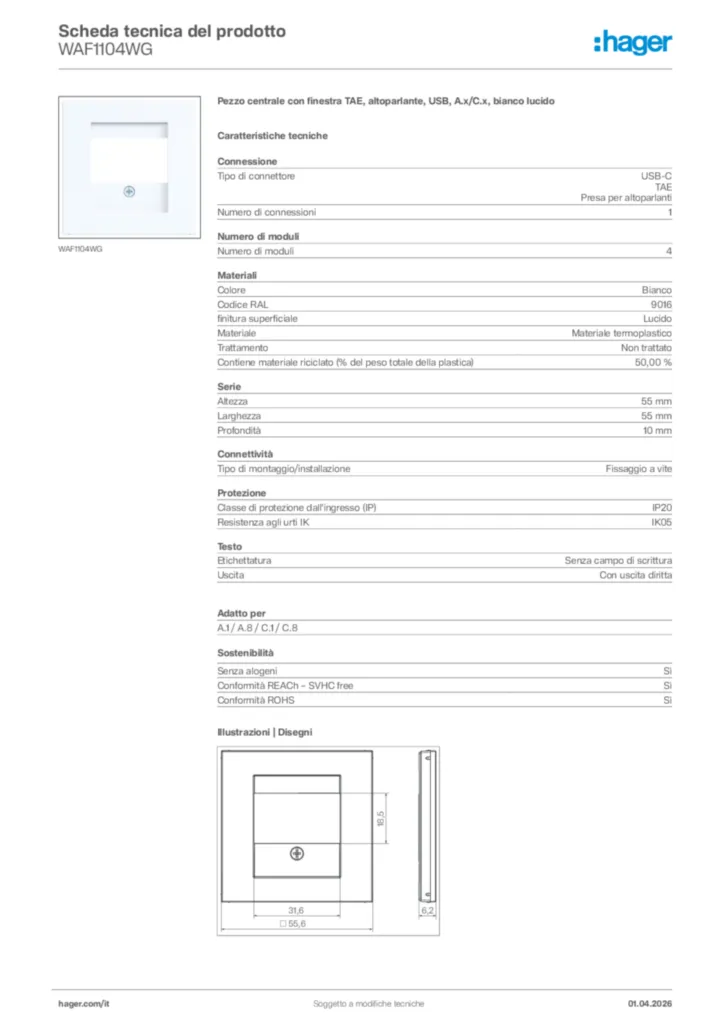 Immagine Hager Scheda tecnica del prodotto WAF1104WG | Hager Italia