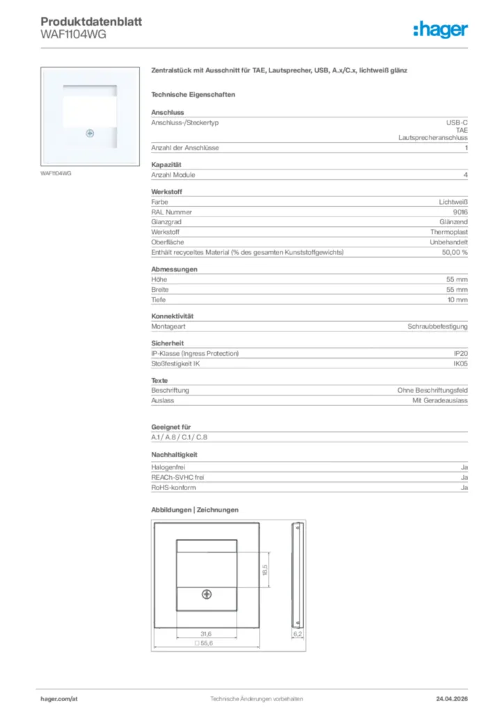 Bild Hager Produktdatenblatt WAF1104WG | Hager Deutschland