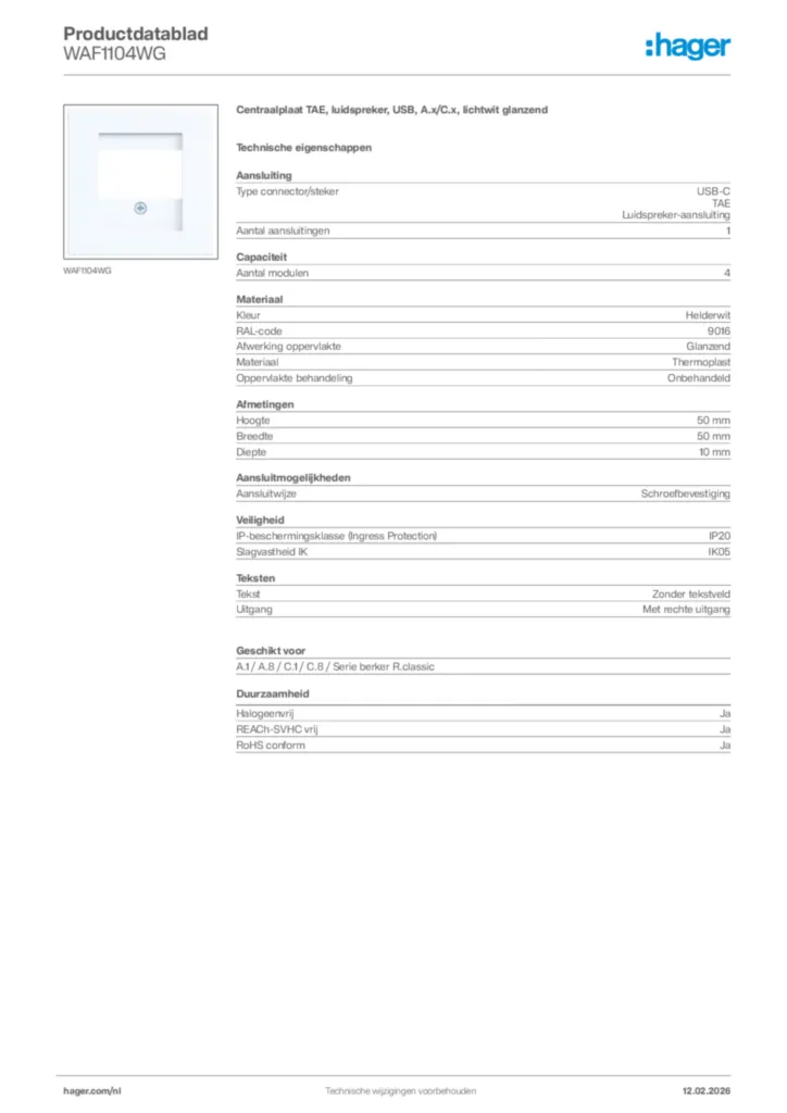 Afbeelding Hager Productdatablad WAF1104WG | Hager Nederland