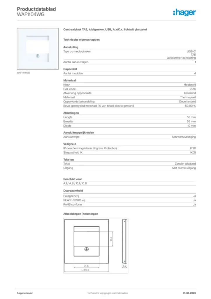 Afbeelding Hager Productdatablad WAF1104WG | Hager Nederland