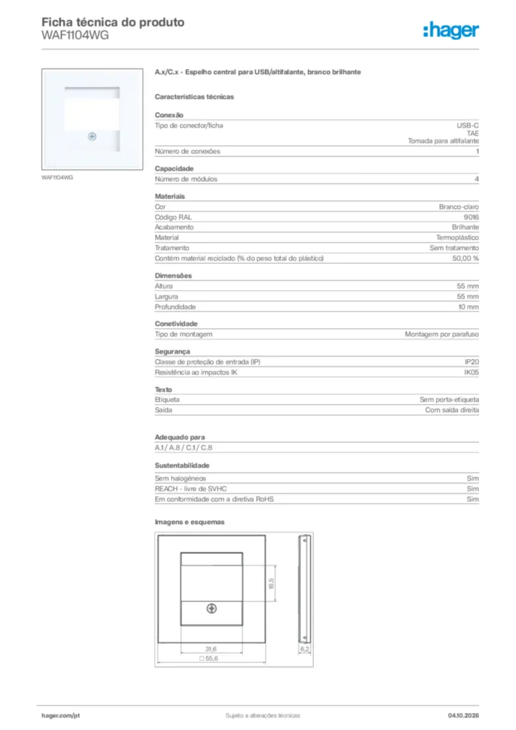 Imagem Hager Ficha técnica do produto WAF1104WG | Hager Portugal