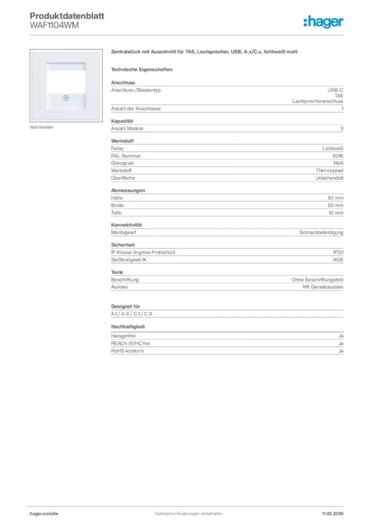 Bild Hager Produktdatenblatt WAF1104WM | Hager Deutschland