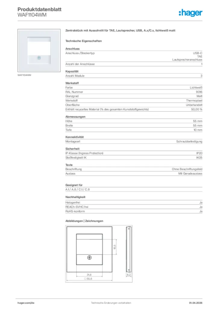 Bild Hager Produktdatenblatt WAF1104WM | Hager Deutschland