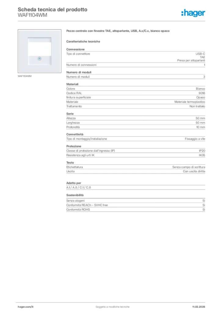 Immagine Hager Scheda tecnica del prodotto WAF1104WM | Hager Italia