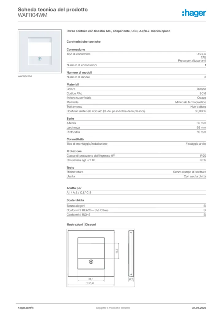 Immagine Hager Scheda tecnica del prodotto WAF1104WM | Hager Italia