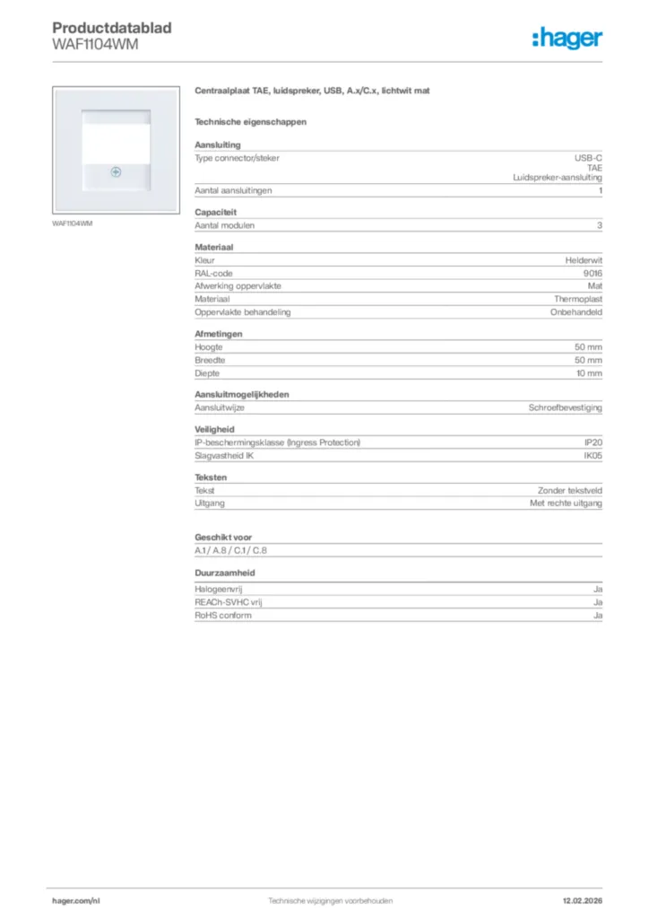 Afbeelding Hager Productdatablad WAF1104WM | Hager Nederland